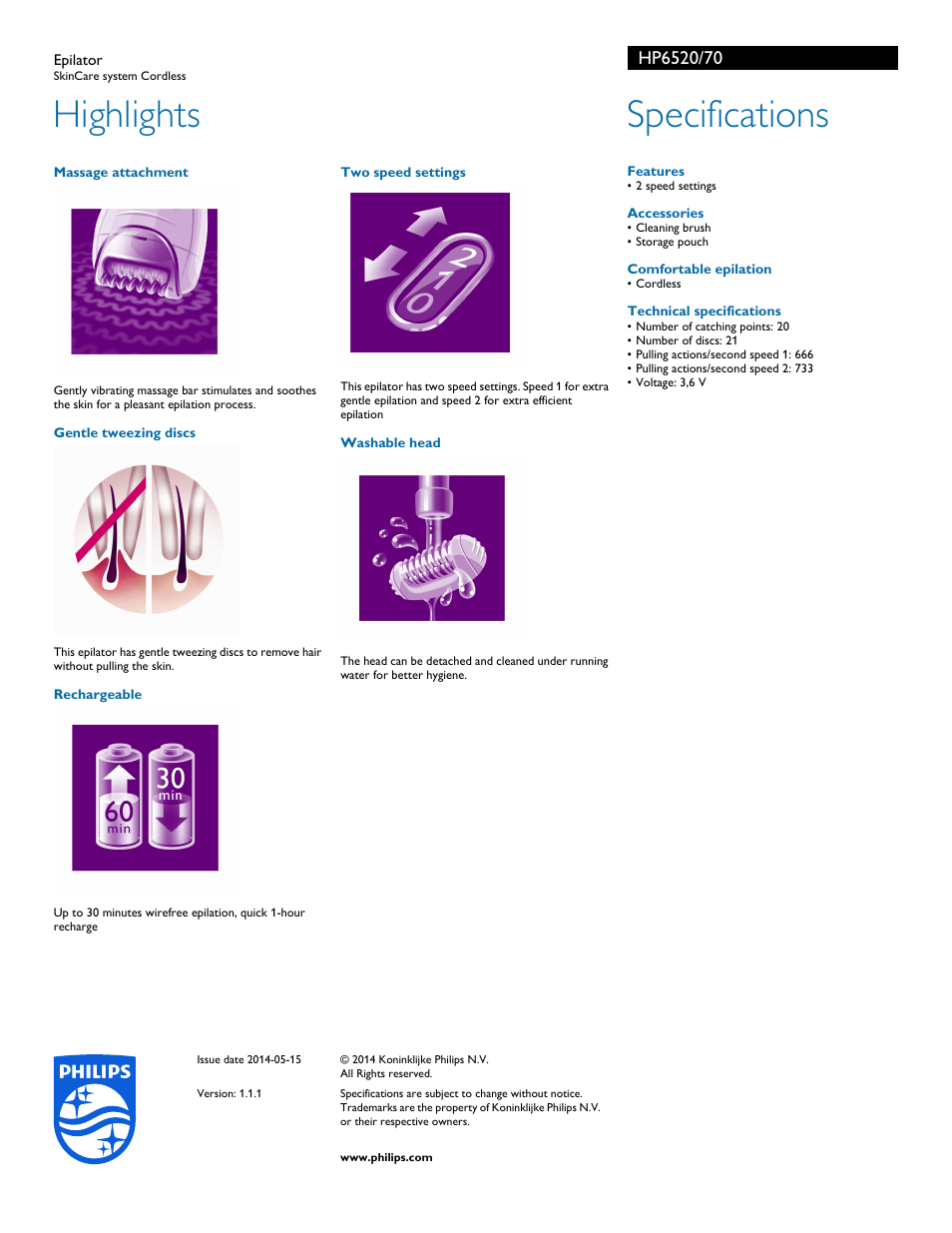 Highlights, Specifications | Philips SatinSoft Epilator HP6520 SkinCare system Cordless User Manual | Page 2 / 2