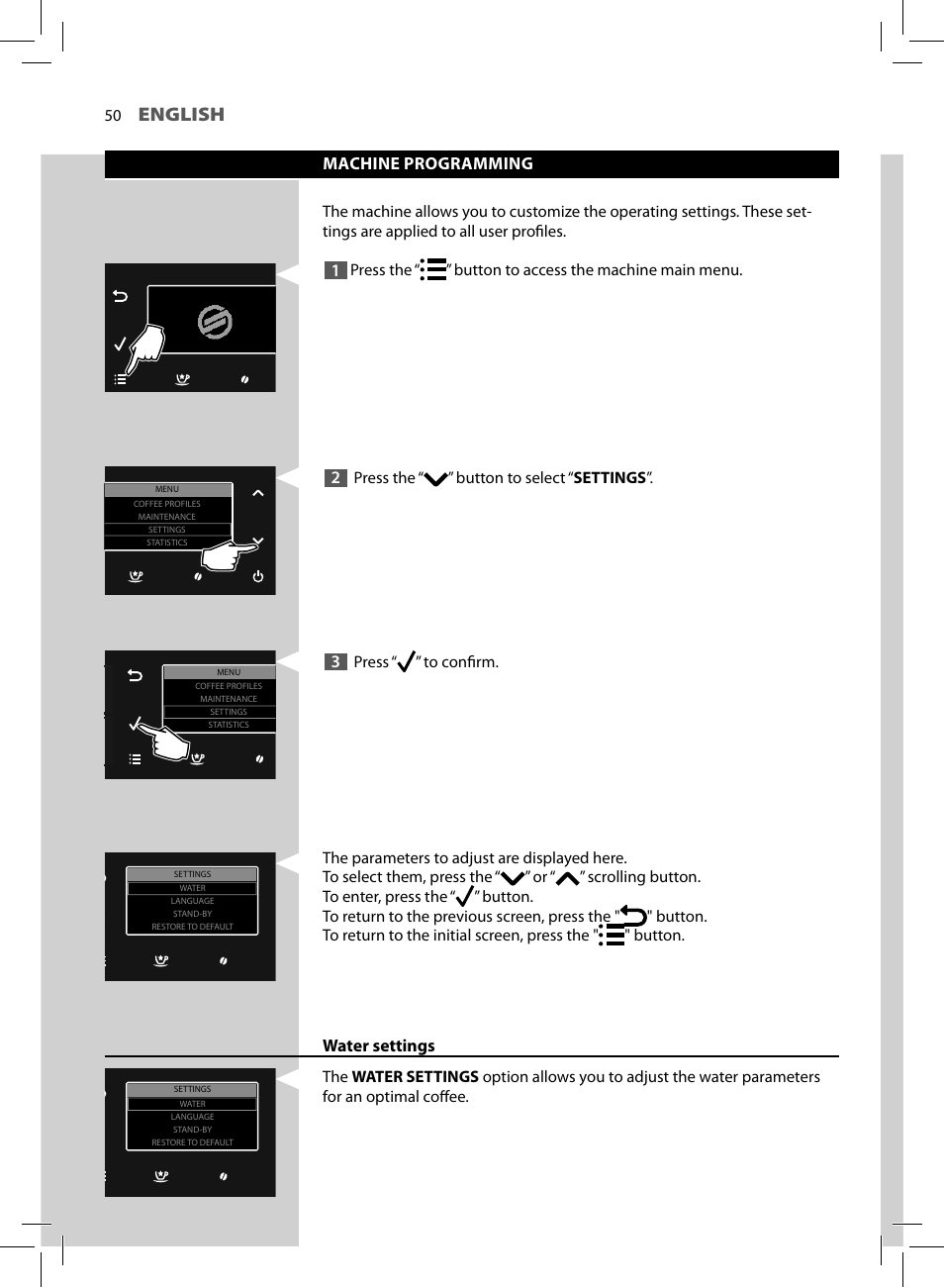 English, Water settings, Machine programming | Philips HD8964-47 User Manual | Page 52 / 92