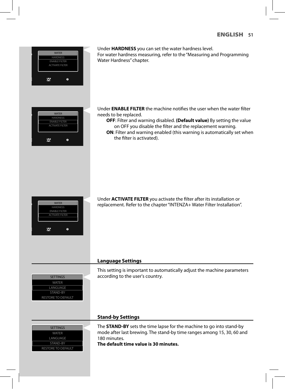 English, Language settings, Stand-by settings | Philips HD8964-47 User Manual | Page 53 / 92