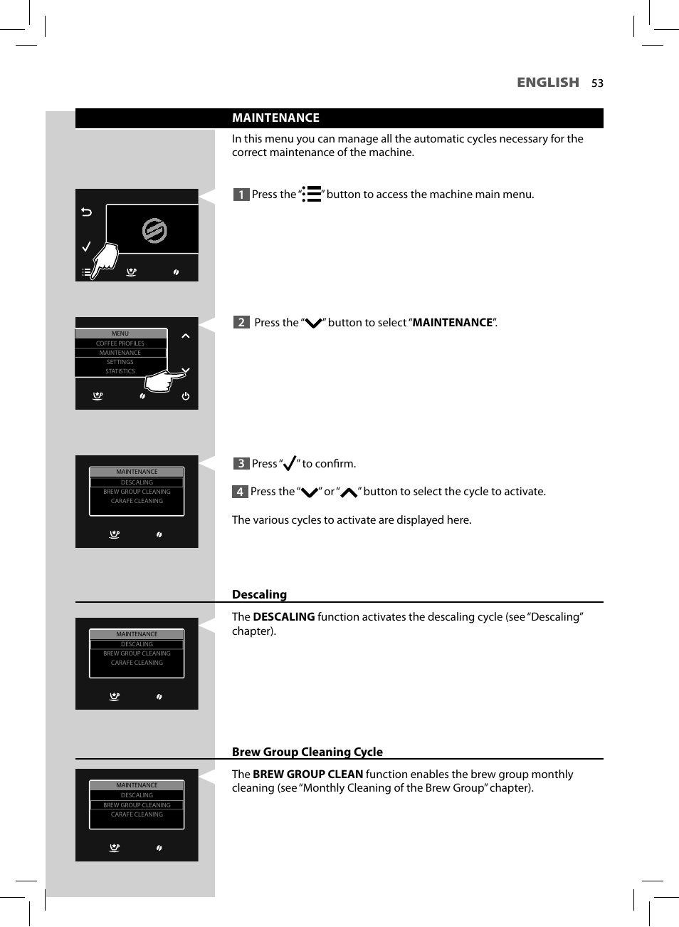 English, Maintenance, Descaling | Brew group cleaning cycle | Philips HD8964-47 User Manual | Page 55 / 92