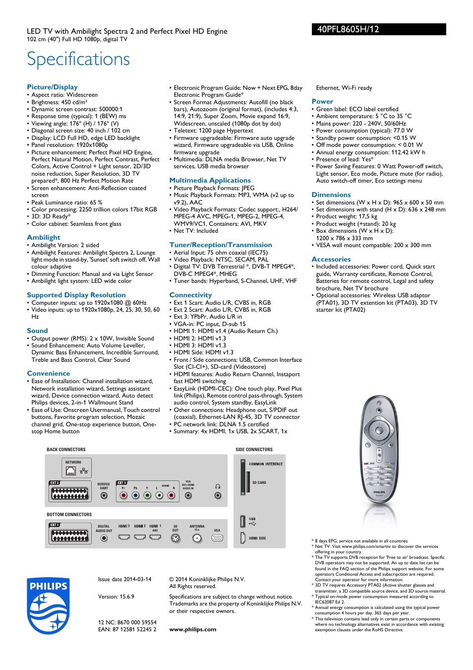 Specifications | Philips 40PFL8605H-12 User Manual | Page 3 / 3