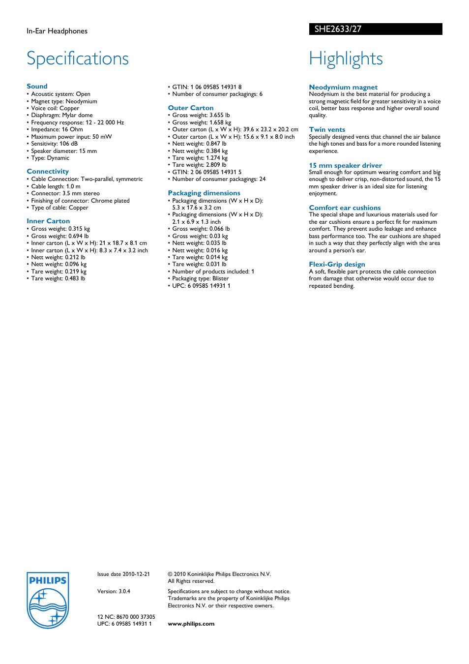 Specifications, Highlights | Philips SHE2633-27 User Manual | Page 2 / 2