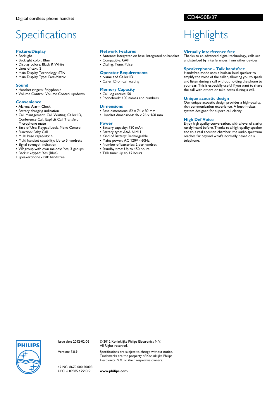 Specifications, Highlights | Philips CD4450B-37 User Manual | Page 2 / 2