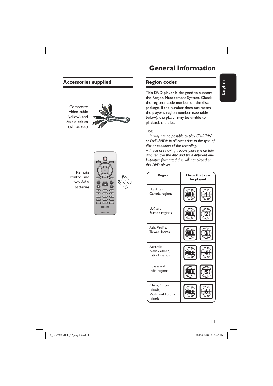 General information, Accessories supplied, Region codes | Philips DVP5982C1-37 User Manual | Page 11 / 57