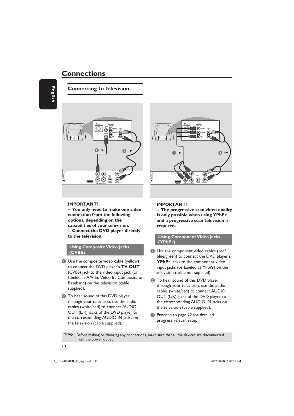 Connections, Connecting to television, English | Philips DVP5982C1-37 User Manual | Page 12 / 57