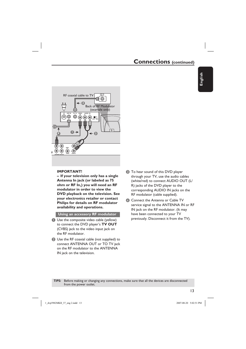Connections, Continued), English | Ant in | Philips DVP5982C1-37 User Manual | Page 13 / 57