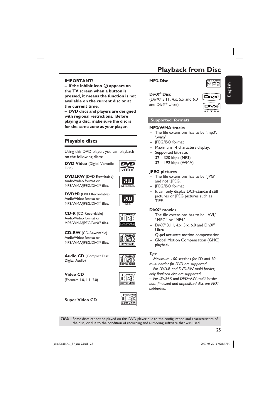 Playback from disc, Playable discs | Philips DVP5982C1-37 User Manual | Page 25 / 57