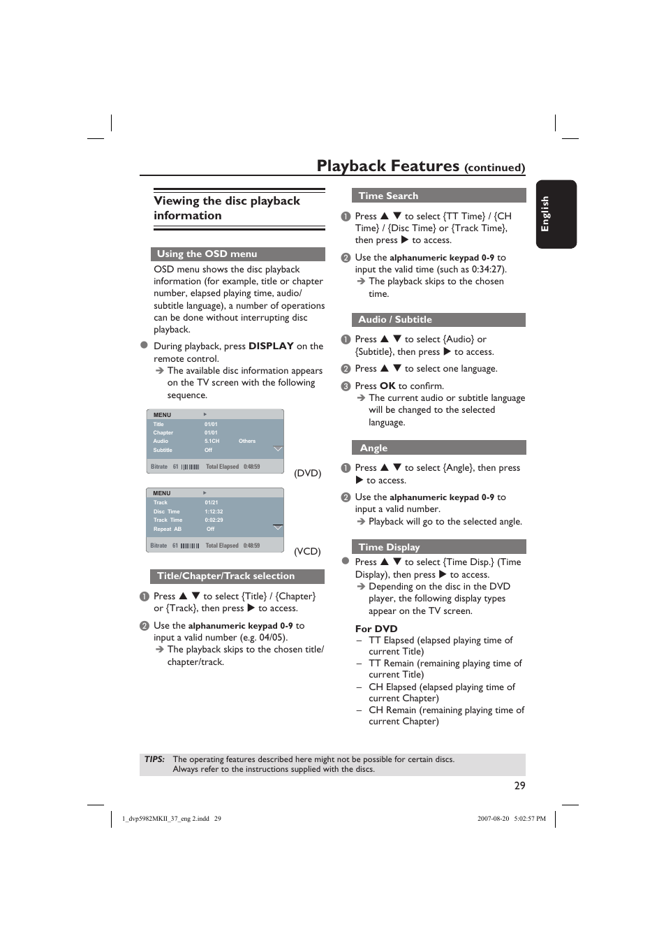 Playback features, Viewing the disc playback information | Philips DVP5982C1-37 User Manual | Page 29 / 57