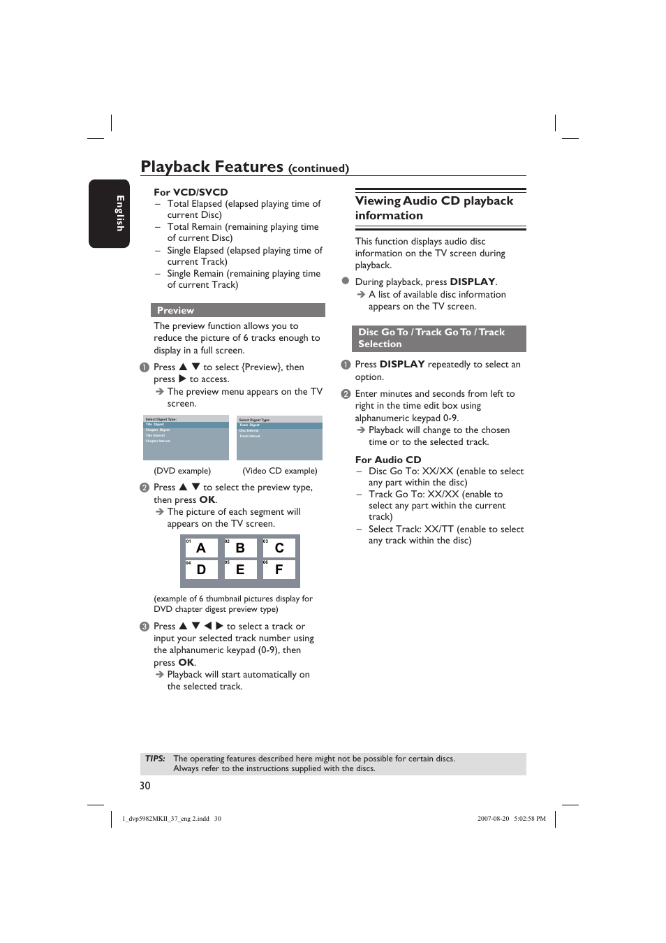 Playback features, Viewing audio cd playback information, Continued) | Philips DVP5982C1-37 User Manual | Page 30 / 57