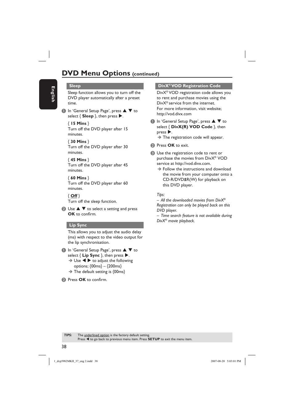 Dvd menu options | Philips DVP5982C1-37 User Manual | Page 38 / 57