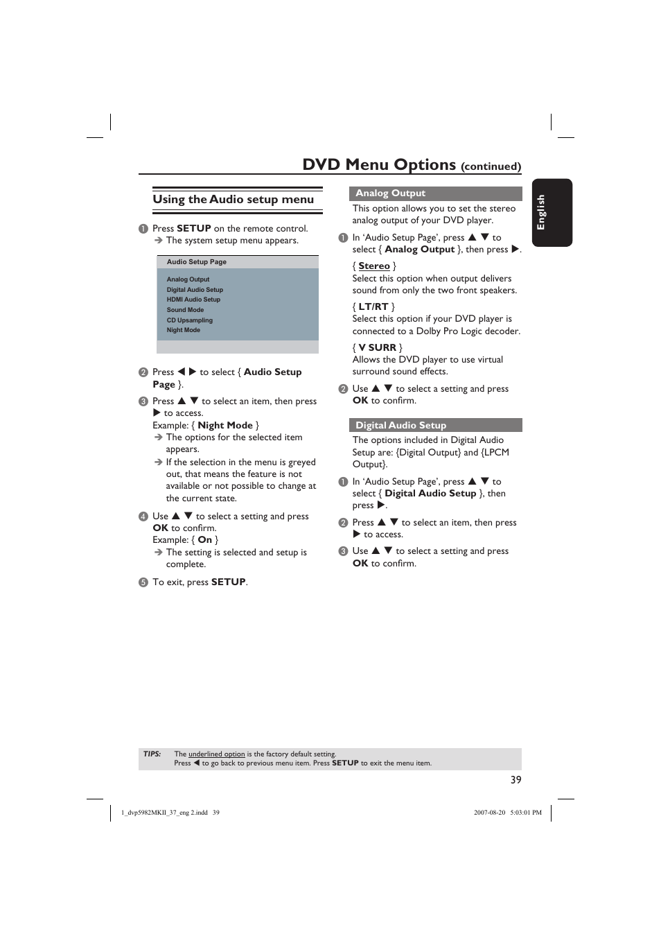 Dvd menu options, Using the audio setup menu | Philips DVP5982C1-37 User Manual | Page 39 / 57