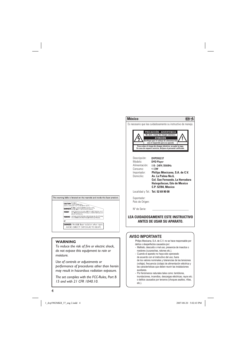Aviso importante, México | Philips DVP5982C1-37 User Manual | Page 4 / 57