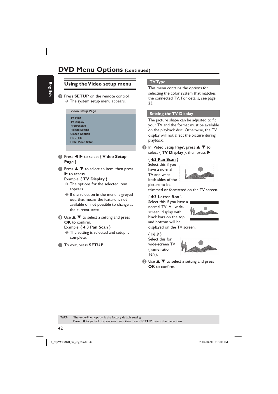 Dvd menu options, Using the video setup menu | Philips DVP5982C1-37 User Manual | Page 42 / 57