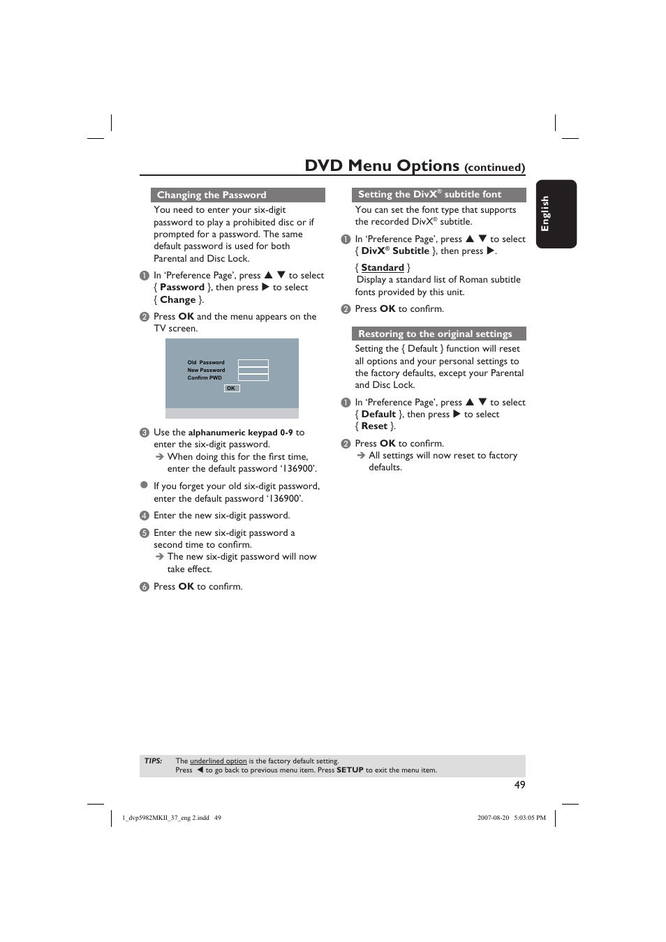 Dvd menu options | Philips DVP5982C1-37 User Manual | Page 49 / 57