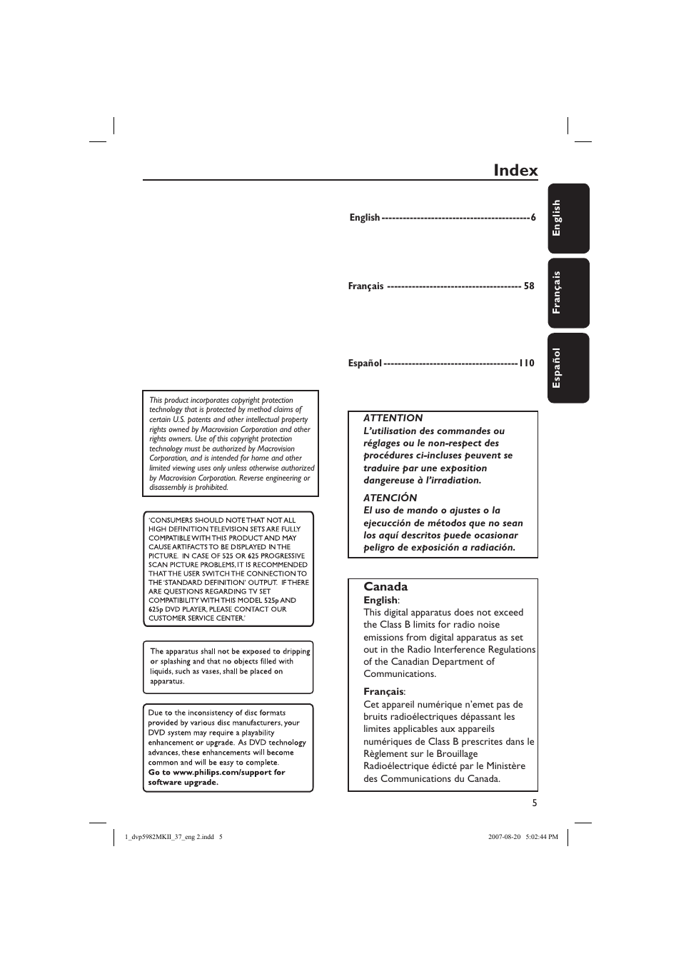 Index, Canada | Philips DVP5982C1-37 User Manual | Page 5 / 57