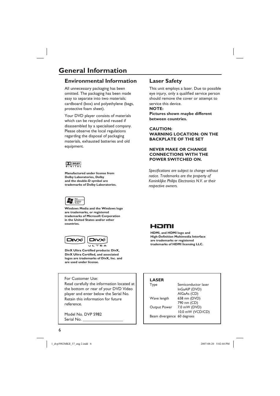 General information, Environmental information, Laser safety | Philips DVP5982C1-37 User Manual | Page 6 / 57
