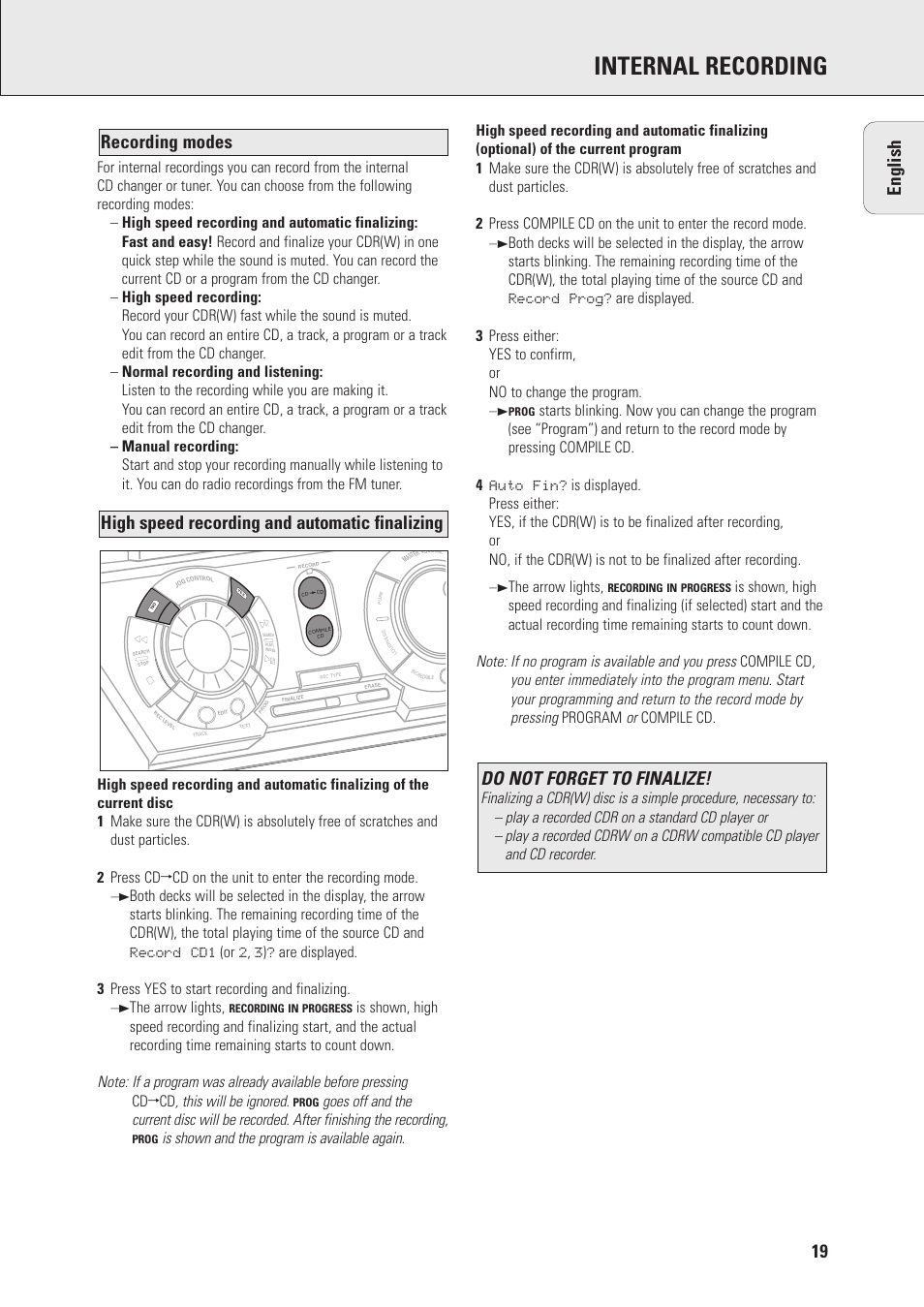 Internal recording, Do not forget to finalize, The arrow lights | Philips FWR7 User Manual | Page 19 / 32