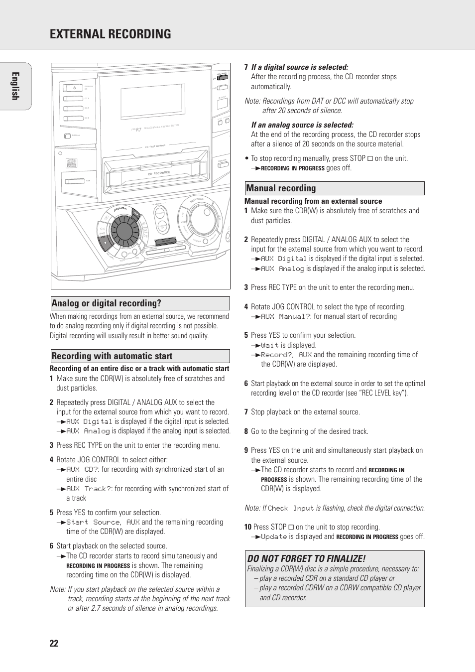 External recording, Do not forget to finalize, Wait is displayed | The cd recorder starts to record and, Update is displayed and, Goes off | Philips FWR7 User Manual | Page 22 / 32