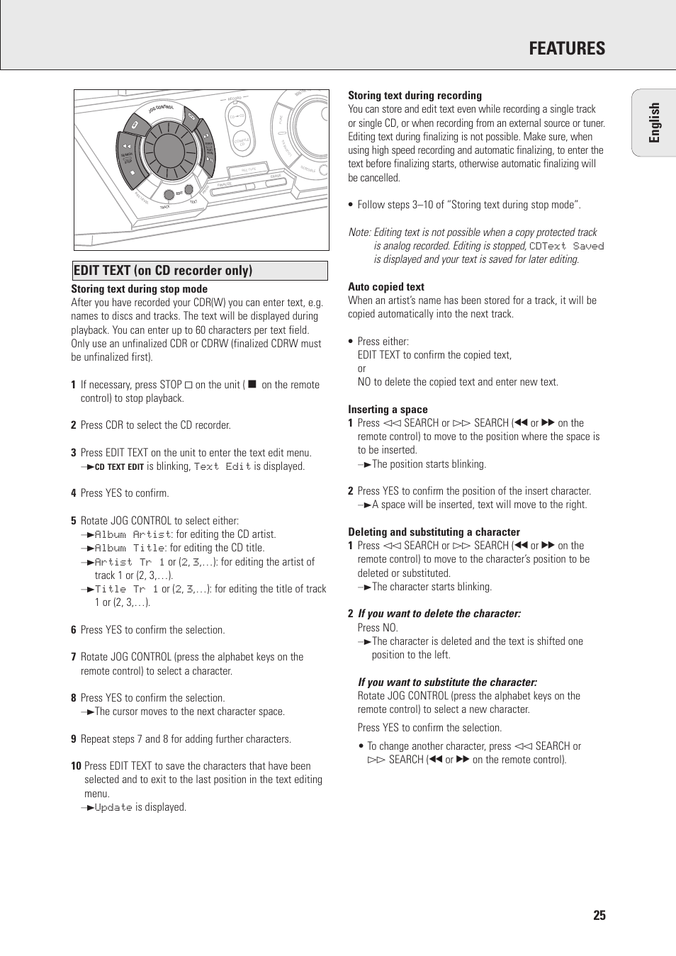 Features, Edit text (on cd recorder only) english, Album artist: for editing the cd artist | Album title: for editing the cd title | Philips FWR7 User Manual | Page 25 / 32