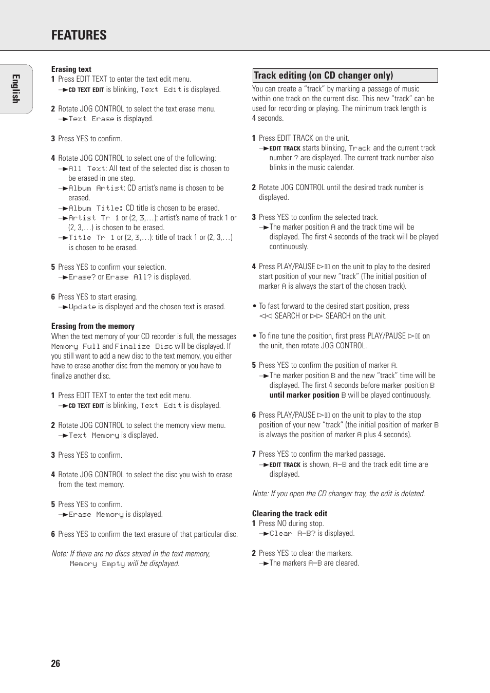 Features, Track editing (on cd changer only) english | Philips FWR7 User Manual | Page 26 / 32