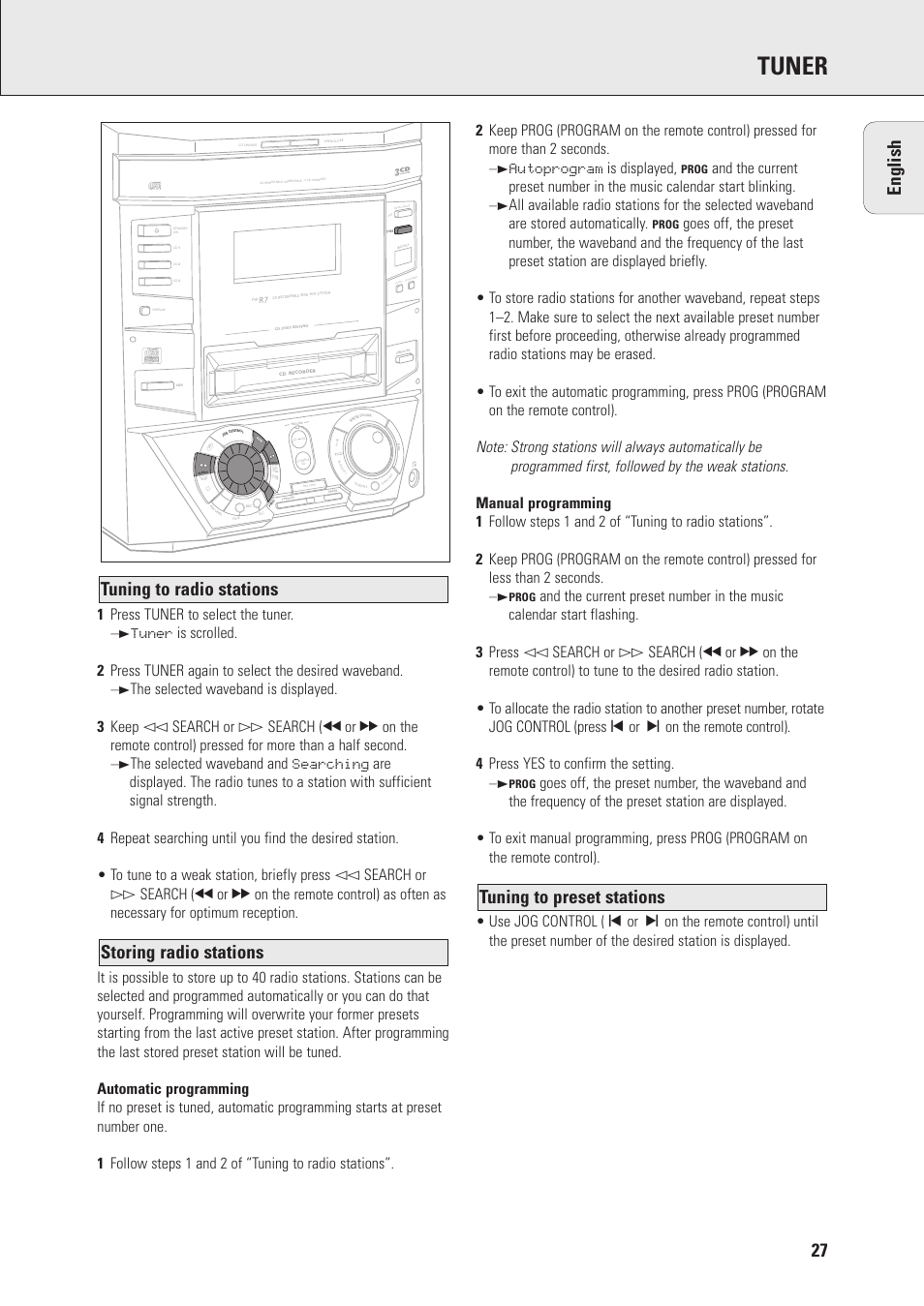 Tuner, 1 press tuner to select the tuner, Autoprogram is displayed | Ye s, Prog | Philips FWR7 User Manual | Page 27 / 32