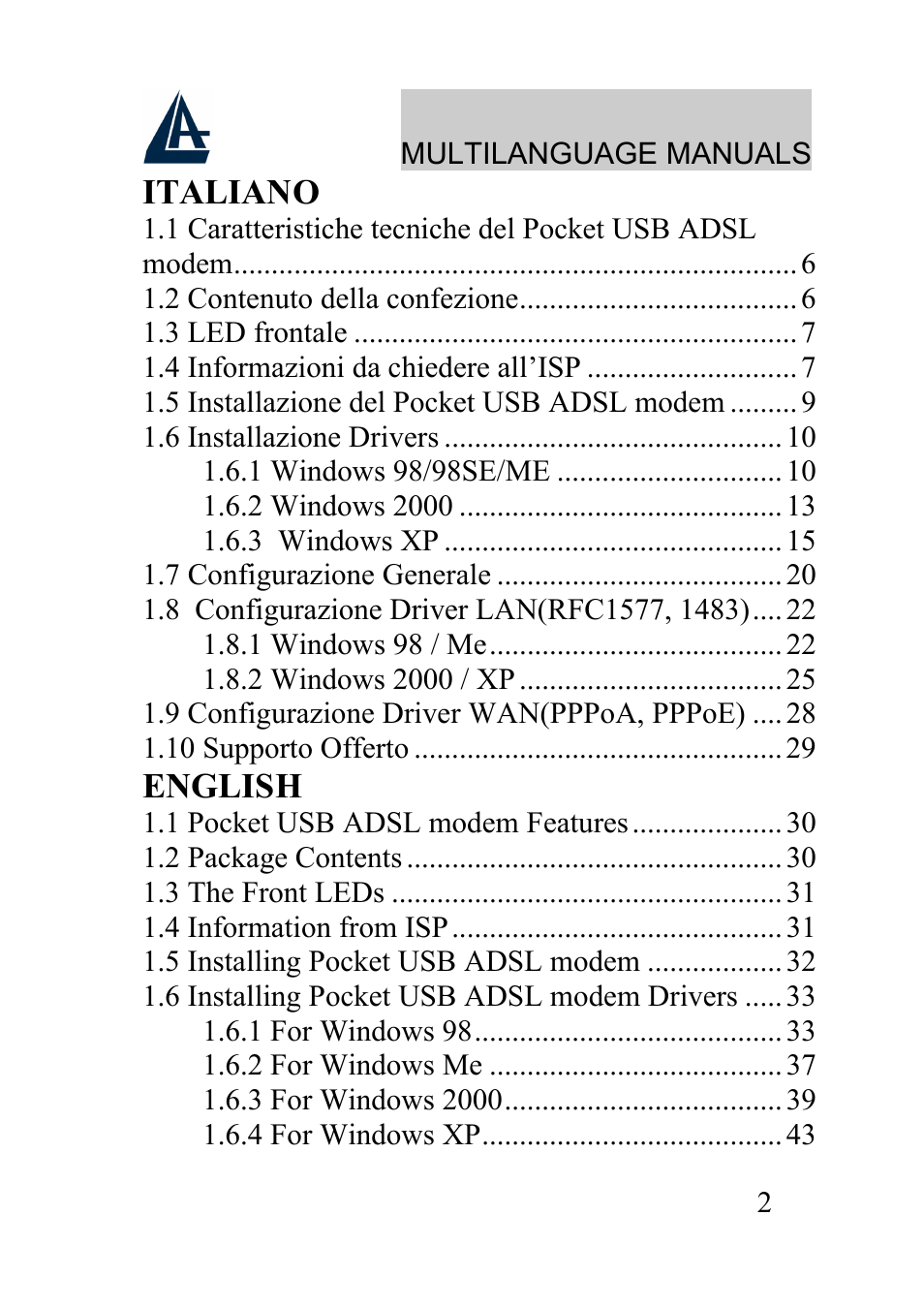 Italiano, English | Atlantis Land A01-AU2 User Manual | Page 2 / 76