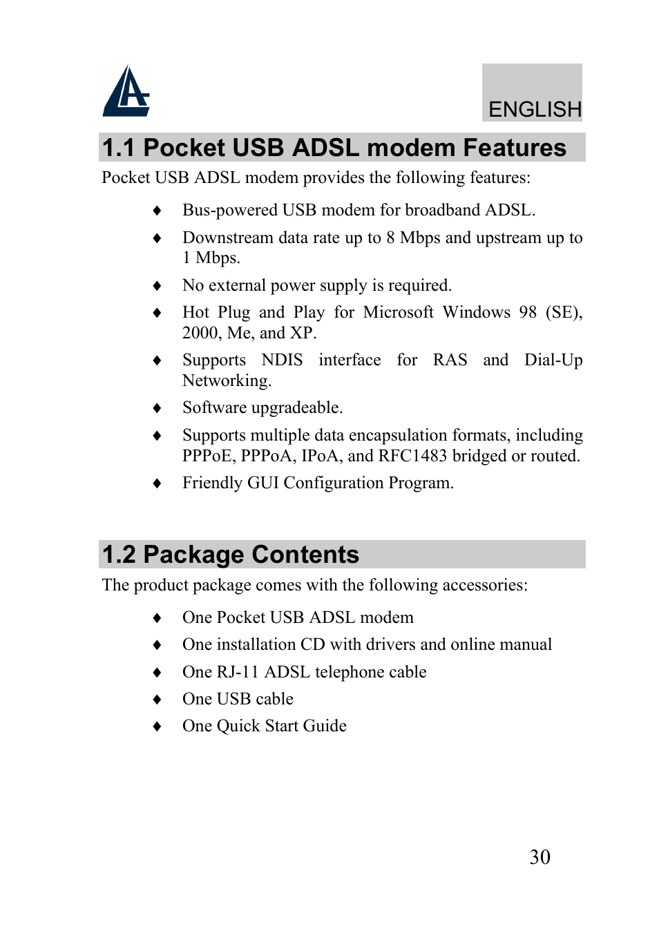 1 pocket usb adsl modem features, 2 package contents, English | Atlantis Land A01-AU2 User Manual | Page 30 / 76