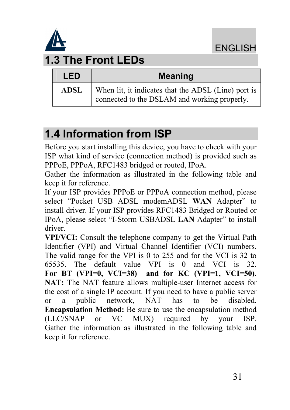 3 the front leds, 4 information from isp, English | Atlantis Land A01-AU2 User Manual | Page 31 / 76