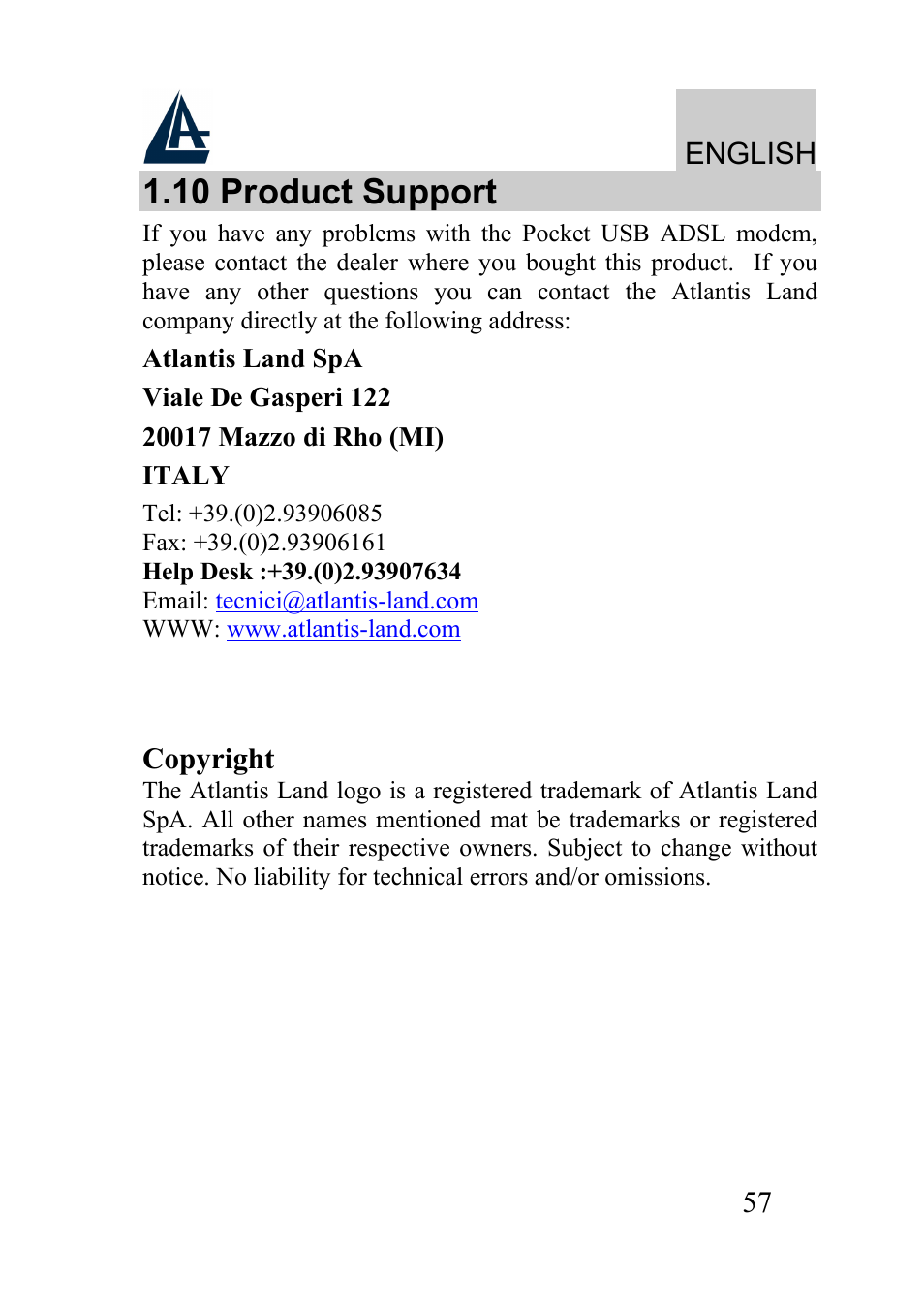 10 product support, English, Copyright | Atlantis Land A01-AU2 User Manual | Page 57 / 76