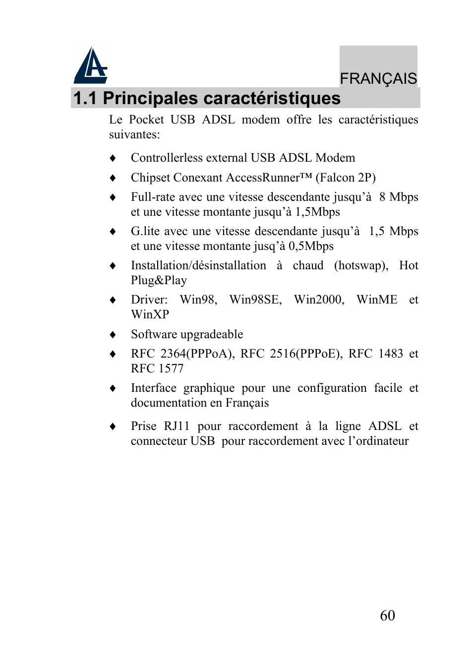 1 principales caractéristiques, Français | Atlantis Land A01-AU2 User Manual | Page 60 / 76