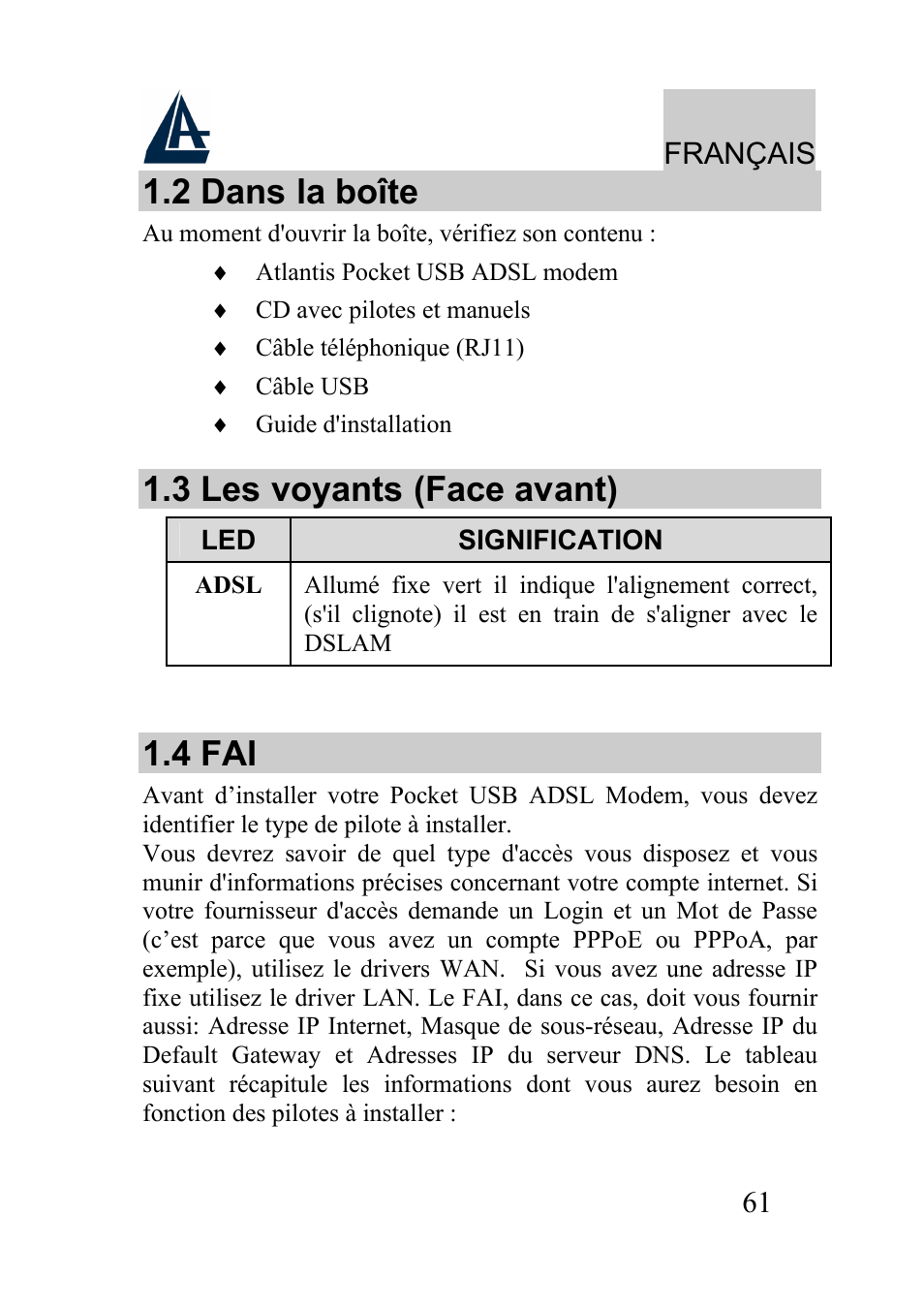 2 dans la boîte, 3 les voyants (face avant), 4 fai | Atlantis Land A01-AU2 User Manual | Page 61 / 76