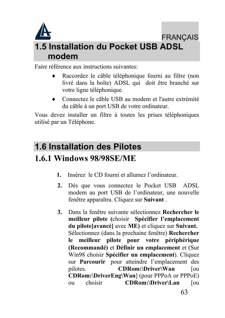 5 installation du pocket usb adsl modem, Français | Atlantis Land A01-AU2 User Manual | Page 63 / 76