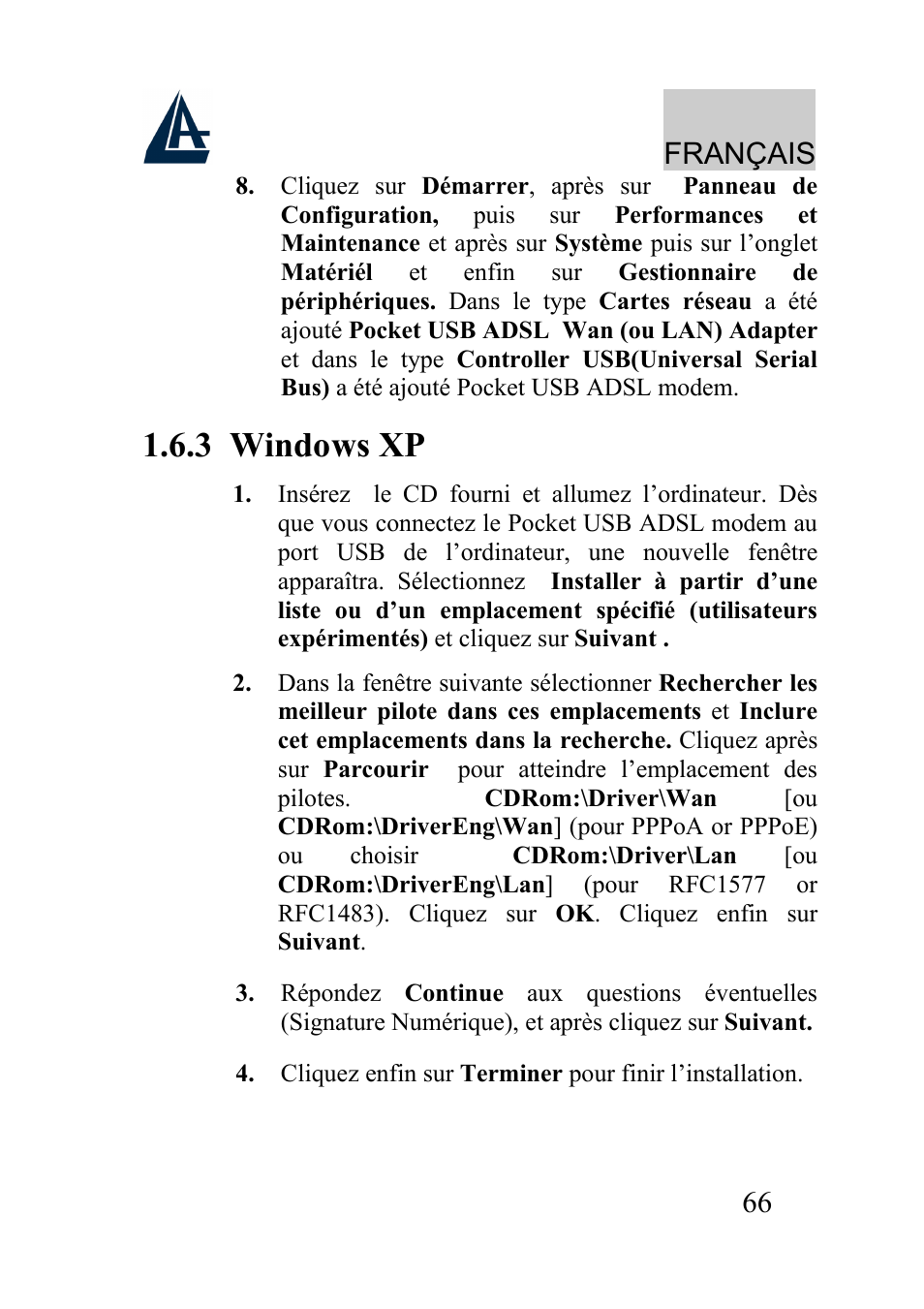 3 windows xp, Français | Atlantis Land A01-AU2 User Manual | Page 66 / 76