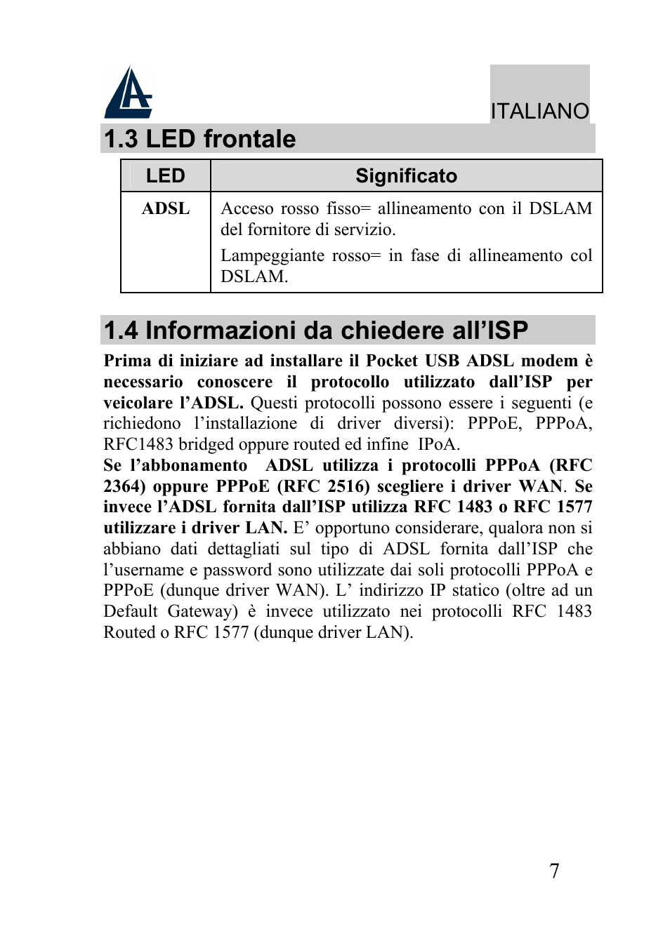 3 led frontale, 4 informazioni da chiedere all’isp | Atlantis Land A01-AU2 User Manual | Page 7 / 76