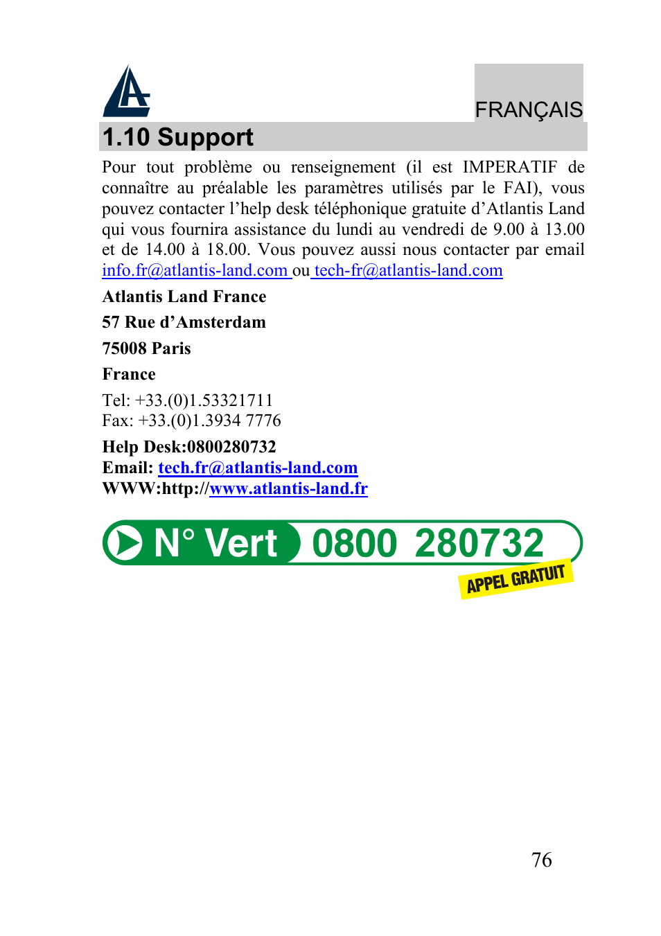 10 support, Français | Atlantis Land A01-AU2 User Manual | Page 76 / 76