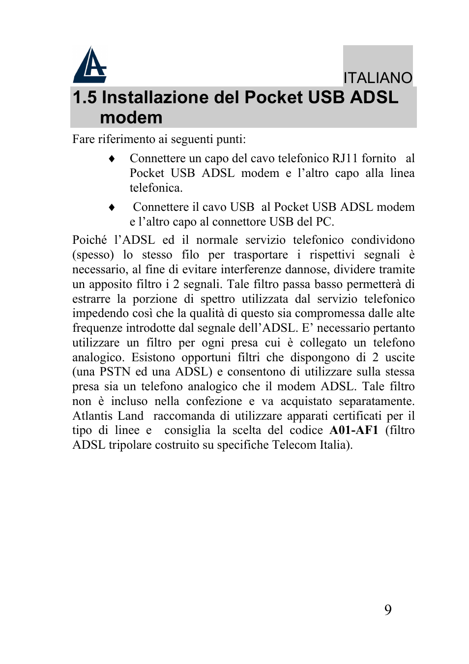 5 installazione del pocket usb adsl modem, Italiano | Atlantis Land A01-AU2 User Manual | Page 9 / 76