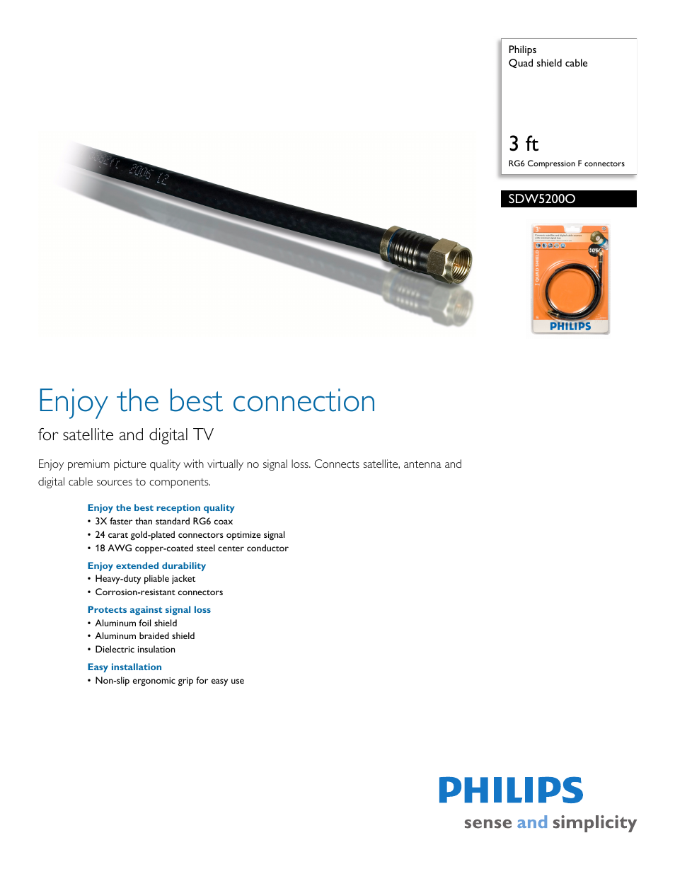 Philips Quad shield cable SDW5200O 3 ft RG6 Compression F connectors User Manual | 2 pages