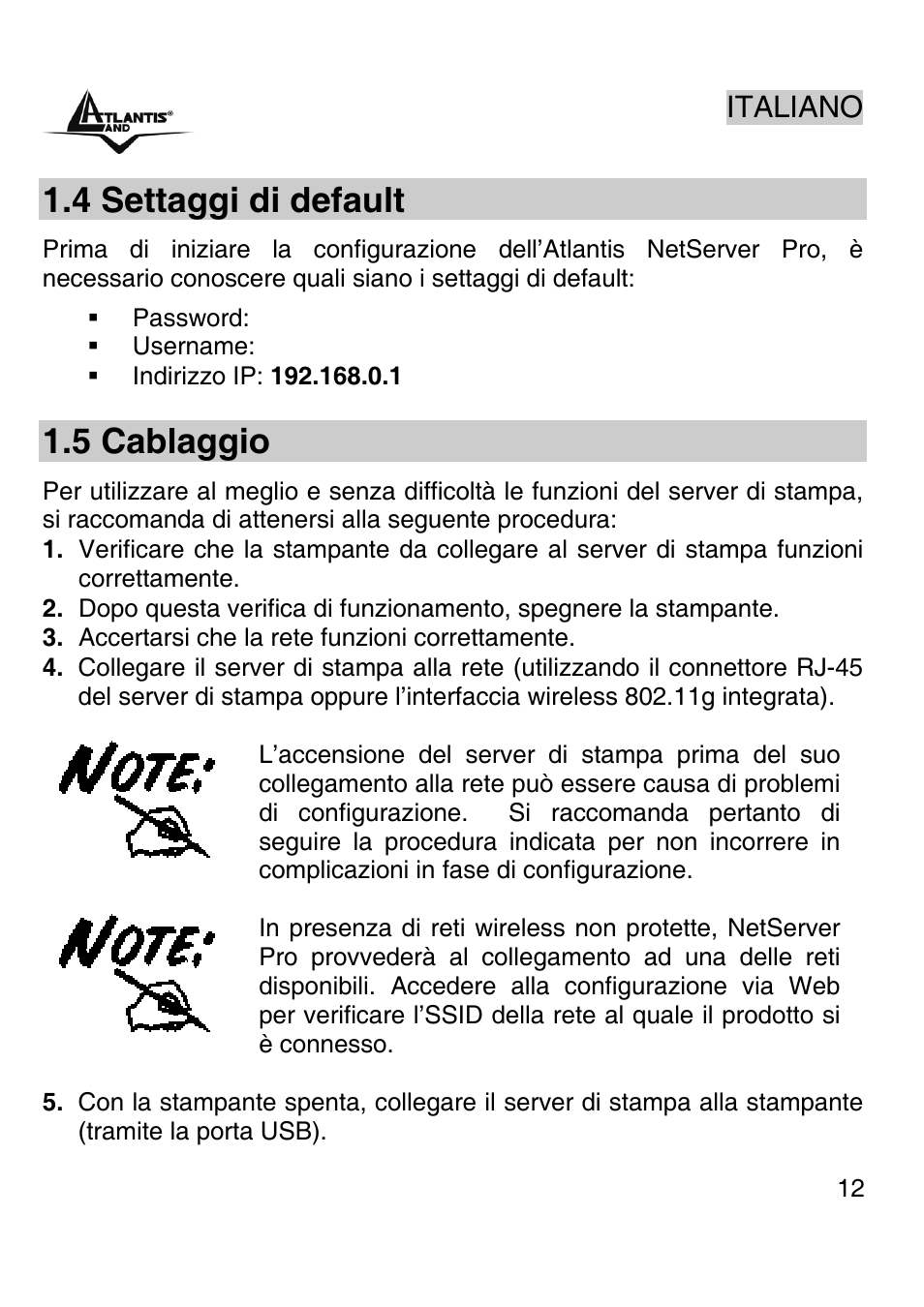 4 settaggi di default, 5 cablaggio, Italiano | Atlantis Land A02-PSU-W54 User Manual | Page 11 / 50