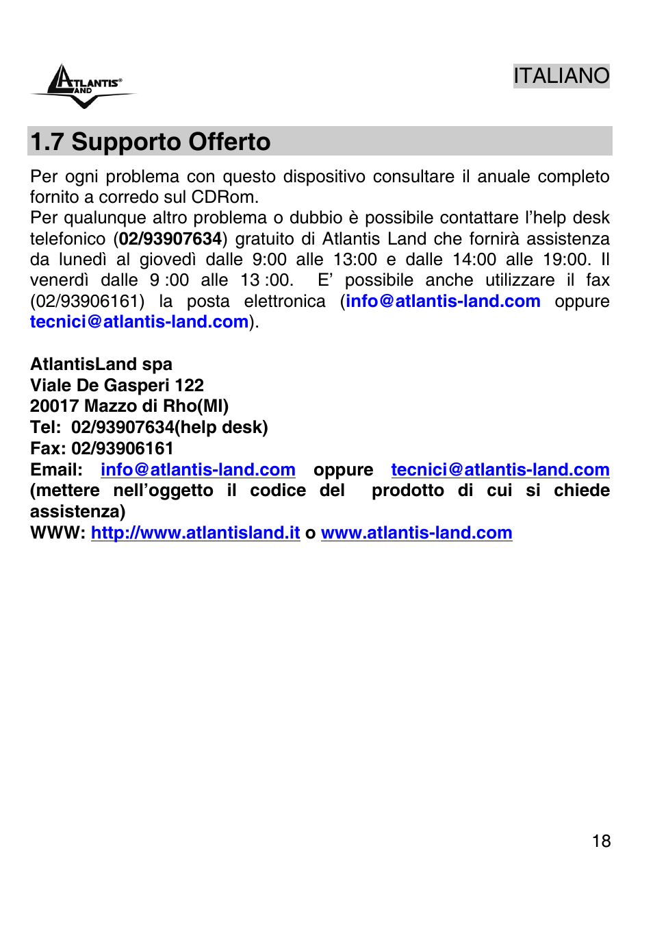 7 supporto offerto, Italiano | Atlantis Land A02-PSU-W54 User Manual | Page 17 / 50