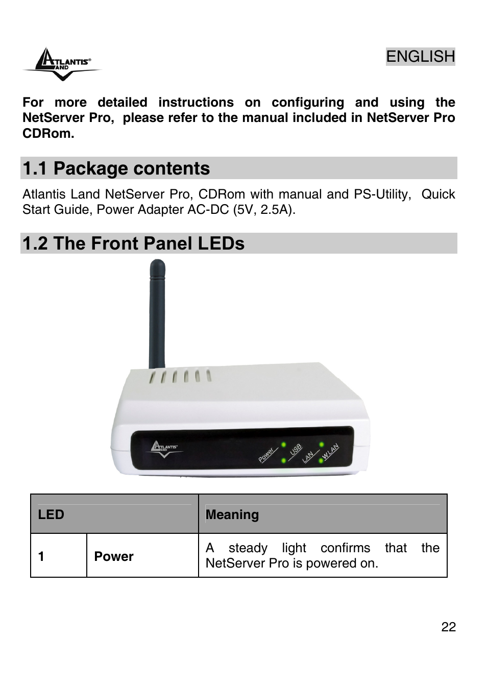 1 package contents, 2 the front panel leds, English | Atlantis Land A02-PSU-W54 User Manual | Page 21 / 50
