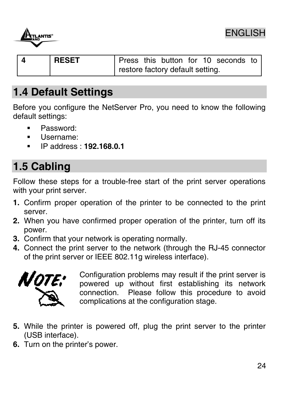4 default settings, 5 cabling, English | Atlantis Land A02-PSU-W54 User Manual | Page 23 / 50
