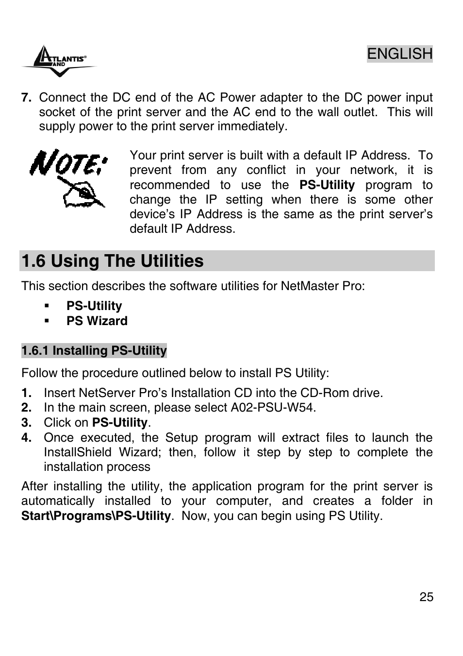 6 using the utilities, English | Atlantis Land A02-PSU-W54 User Manual | Page 24 / 50