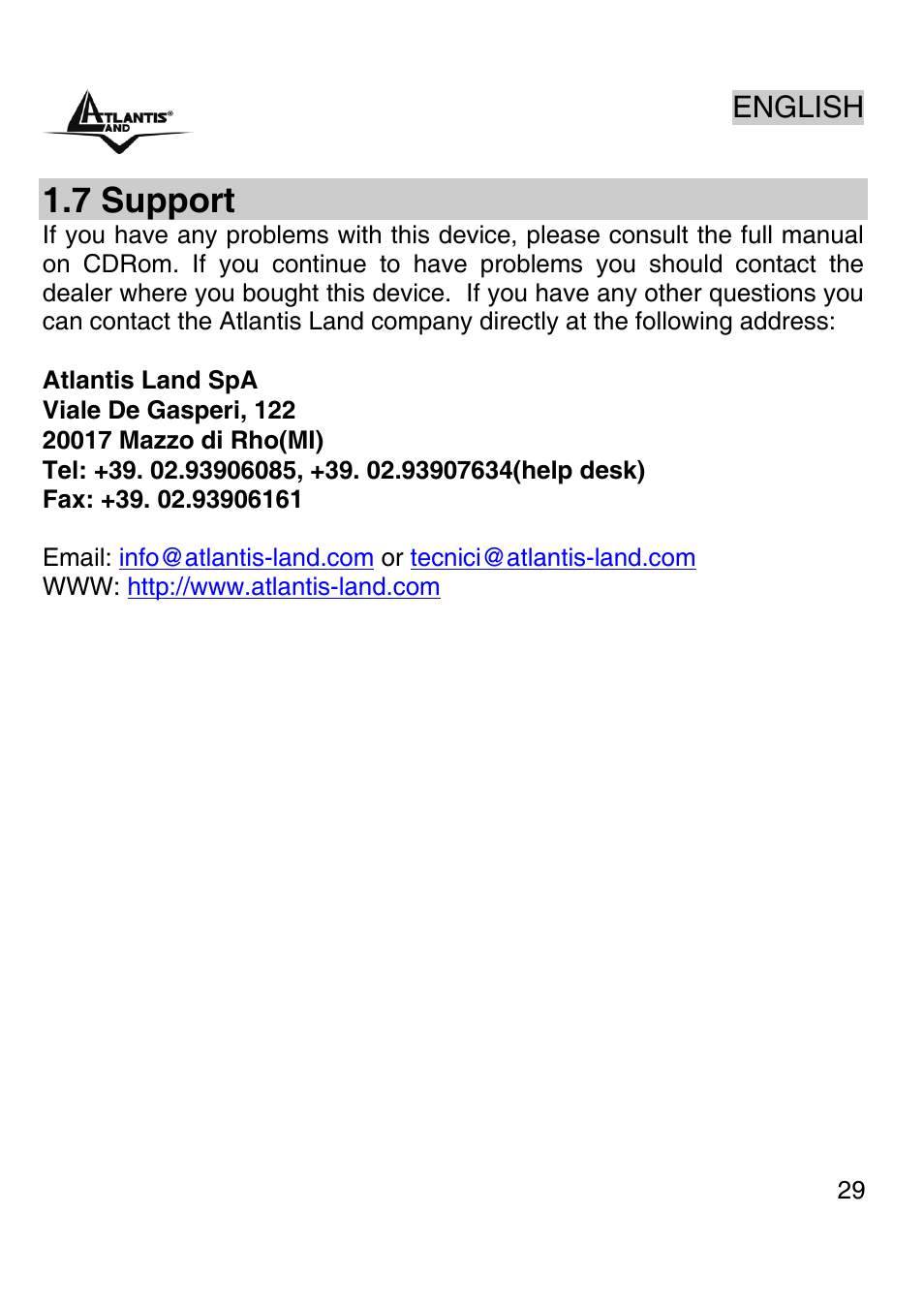 7 support, English | Atlantis Land A02-PSU-W54 User Manual | Page 28 / 50