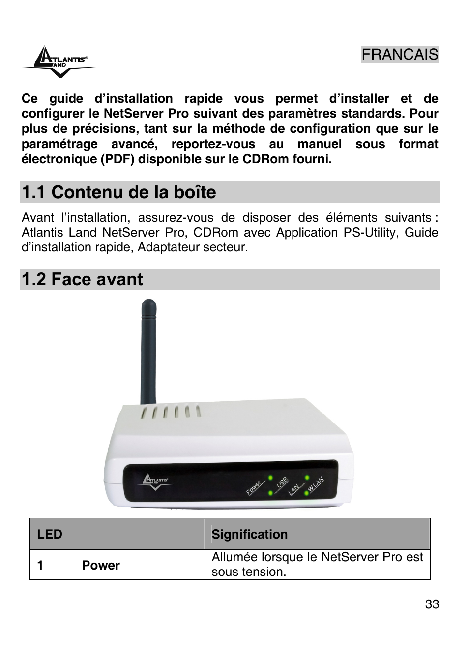 1 contenu de la boîte, 2 face avant | Atlantis Land A02-PSU-W54 User Manual | Page 32 / 50