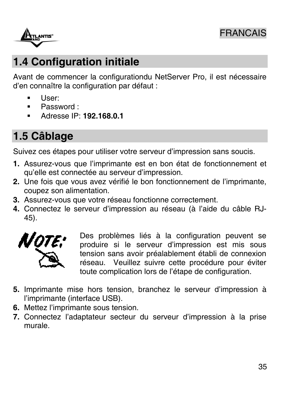 4 configuration initiale, 5 câblage, Francais | Atlantis Land A02-PSU-W54 User Manual | Page 34 / 50