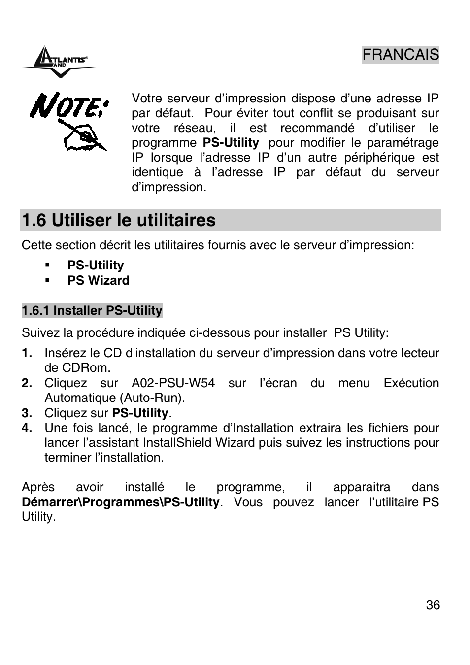 6 utiliser le utilitaires, Francais | Atlantis Land A02-PSU-W54 User Manual | Page 35 / 50
