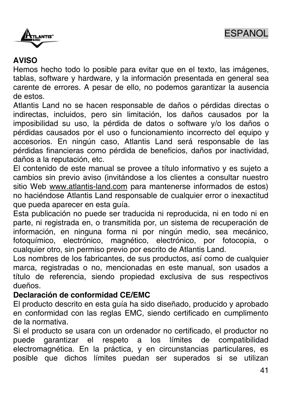Espanol | Atlantis Land A02-PSU-W54 User Manual | Page 40 / 50