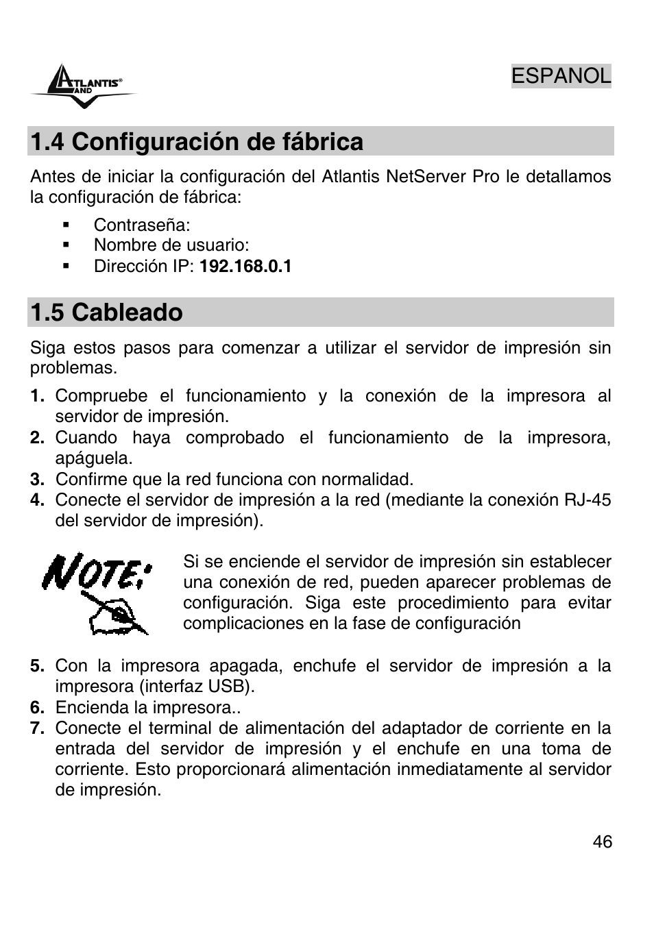 4 configuración de fábrica, 5 cableado, Espanol | Atlantis Land A02-PSU-W54 User Manual | Page 45 / 50