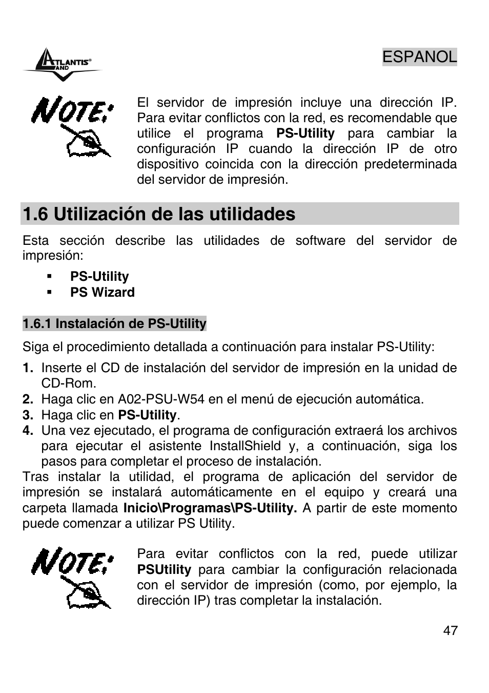6 utilización de las utilidades, Espanol | Atlantis Land A02-PSU-W54 User Manual | Page 46 / 50
