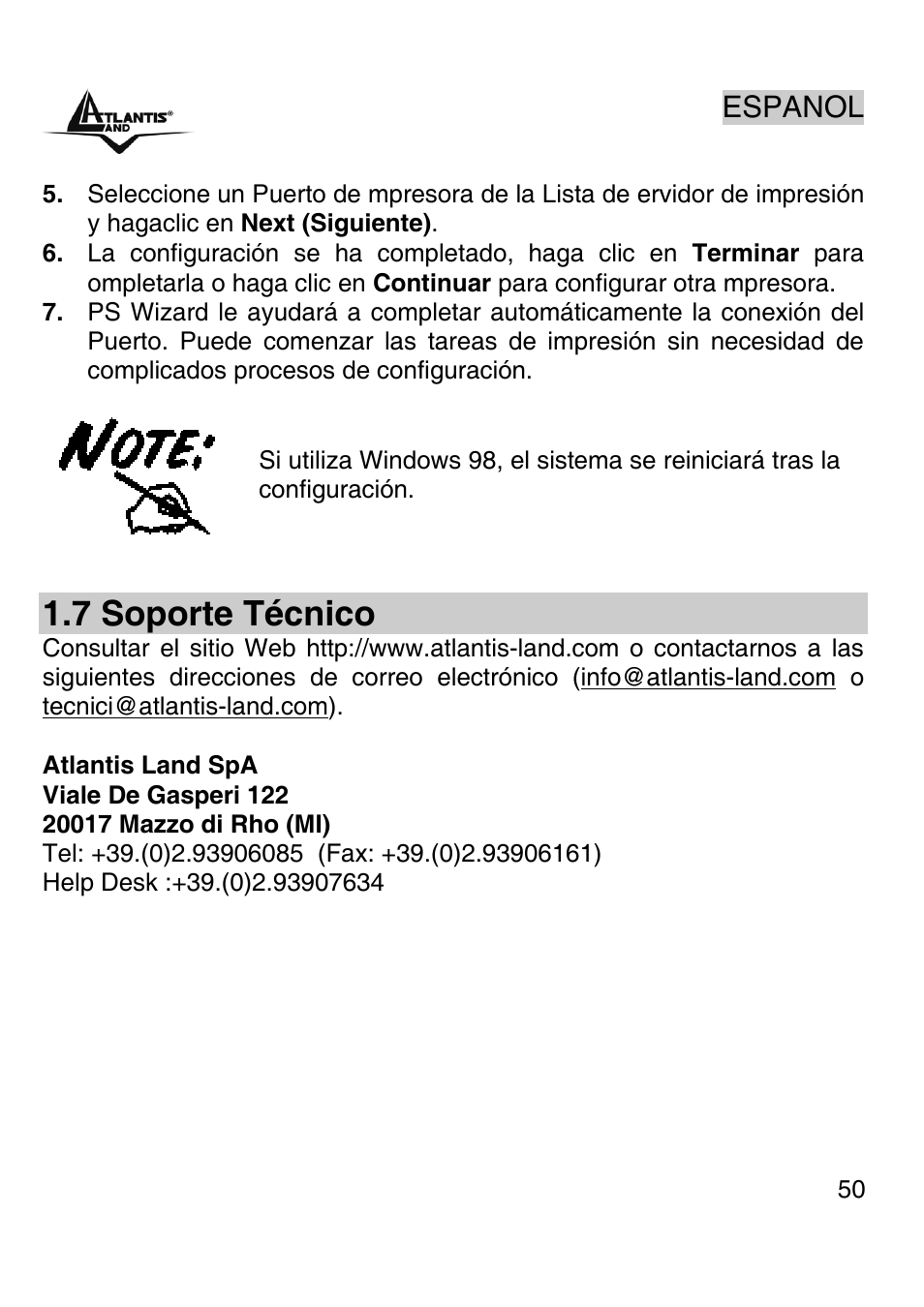 7 soporte técnico, Espanol | Atlantis Land A02-PSU-W54 User Manual | Page 49 / 50